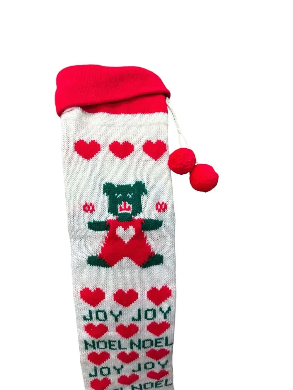 Vintage Knit Christmas Stocking Red and White with Teddy Bear Joy Noel Hearts an